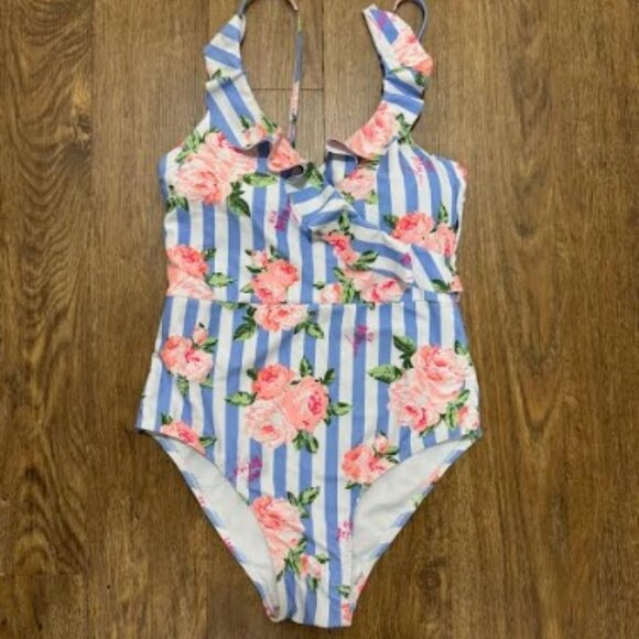 Betsey Johnson Blue Stripe Floral One Piece bathing Suit with Ruffle Trim - Picture 1 of 5